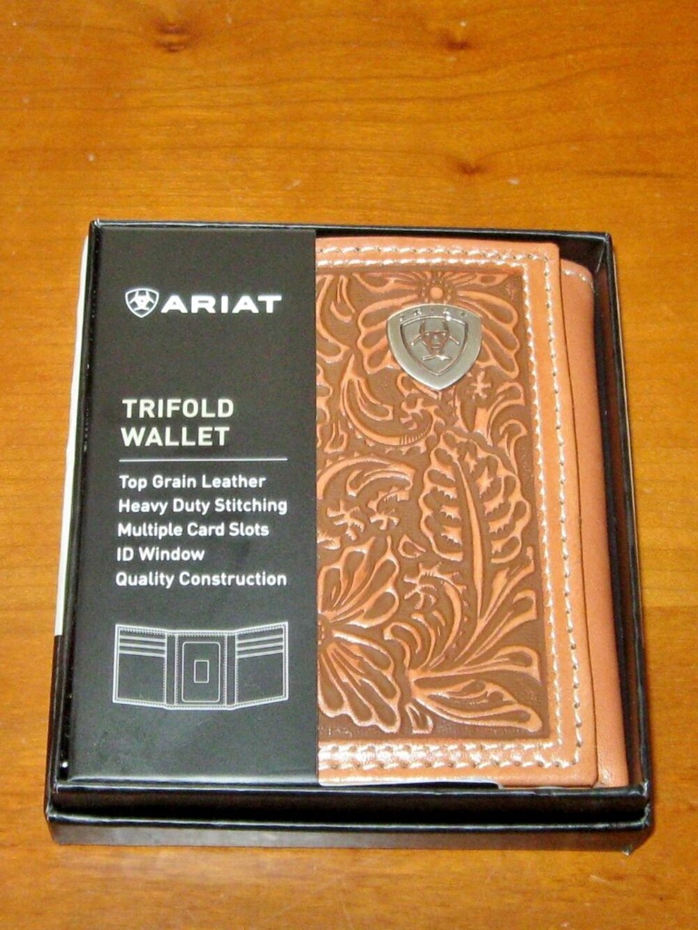Ariat Men's Leather Wallet Brown Trifold Top Grain Quality Stitching Card Slots